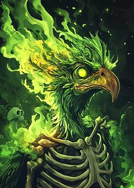 Green Fire Bird with Skeleton