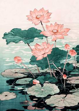 Japanese Wall Art Floral Painting Pink Pastel Green botanical Flower poster