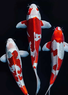 Three Koi Fish on Black Background