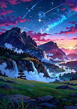 Anime Landscape with Waterfalls and Stars