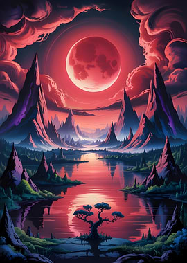 Red Moon Over Mountain Lake