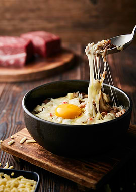 Cheesy dish with egg yolk