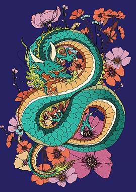 Dragon and Flowers Illustration