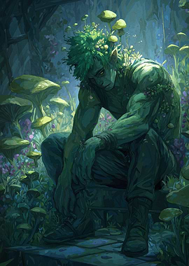 Green Forest Creature in Thoughtful Pose