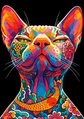 Colorful Cat Portrait with Floral Designs