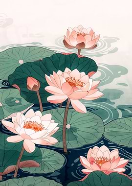 Japanese Wall Art Floral Painting Pink Pastel Green botanical Flower Poster