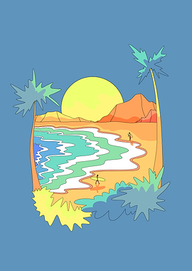 Beach scene with surfers and palms