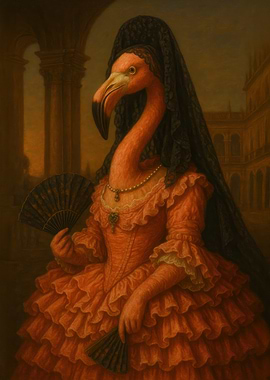 Flamingo in formal dress with fan - Spanish Flamenco Lady | Portrait with Mantilla and Fan