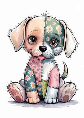 Cute Patchwork Puppy Illustration - Kawaii Patchwork Puppy | Creative Stitched Plush Art