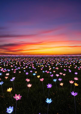 Field of Illuminated Flowers at Sunset