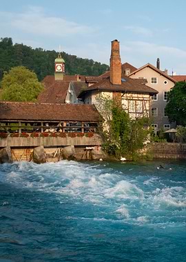 Thun in Berner Oberland, Switzerland: River Aare and Old Bridge Mühleschleuse