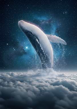 Whale breaching through clouds into space