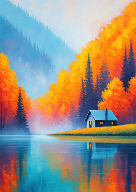 Autumn Cabin by the Lake