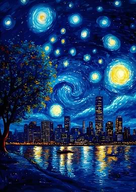Starry Night Cityscape Painting