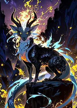 Fantasy Creature with Horns and Fire