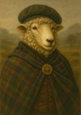 Sheep in Scottish Attire Portrait - Scottish Merino Sheep | Highland Tartan