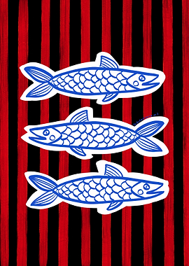 Three Blue Fish on Striped Background
