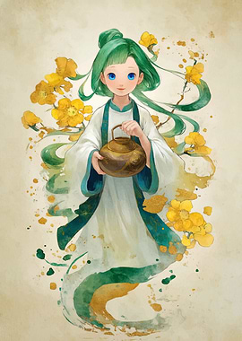 Green-haired girl with teapot and flowers