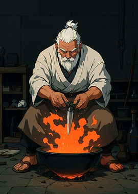 Old Blacksmith Working on a Knife