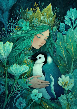 Woman with Penguin in Floral Setting