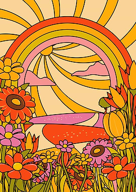 Retro Floral Rainbow Landscape Illustration