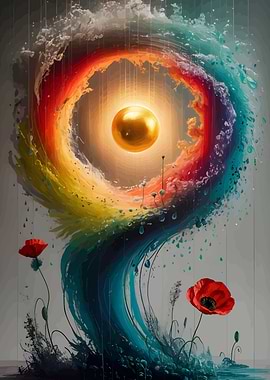 Rainbow Swirl with Golden Orb and Poppies