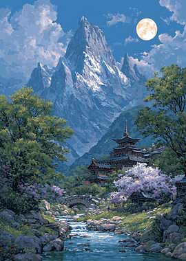 Mountain Temple Landscape with Moon