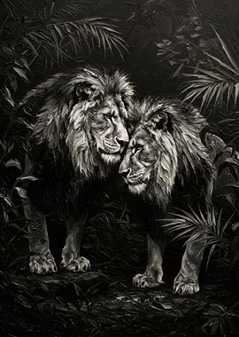 Monochrome Lions in Jungle Painting
