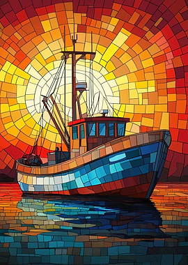 Stained Glass Fishing Boat at Sunset