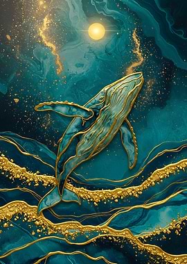 Whale in Teal and Gold