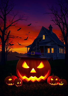 Halloween Pumpkins with Witch Hat