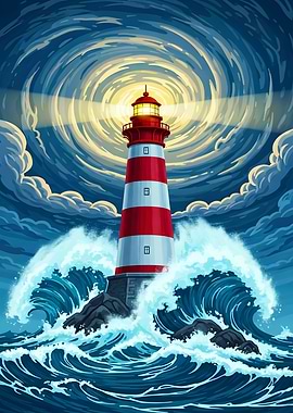 Pixel Art Lighthouse in Stormy Seas