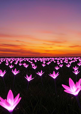 Field of Glowing Pink Flowers Sunset