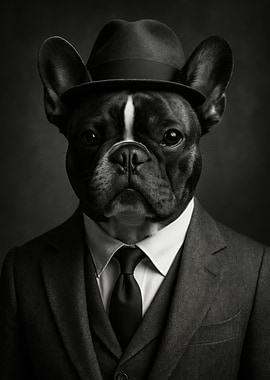 Dog in Suit and Hat Portrait - Dapper French Bulldog in Suit and Hat - Black and White