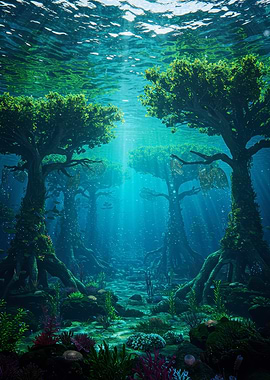 Underwater Forest with Sun Rays