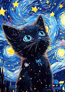 Black Cat Starry Night Art
