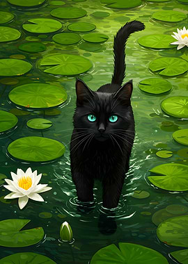 Black Cat in Lily Pond