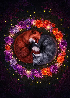 Sleeping Foxes in Floral Circle