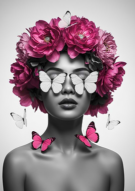Woman with Flowers and Butterflies