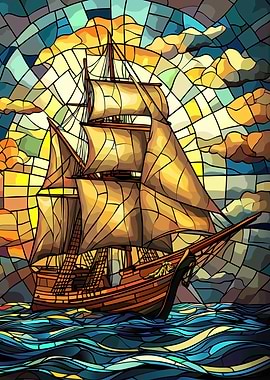 Stained Glass Sailing Ship Illustration