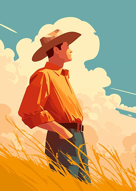 Cowboy in Field Boho Minimalist Art Illustration