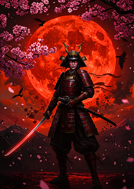 Samurai Warrior with Red Moon