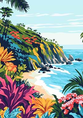 Tropical Beach Landscape Minimalist Art Illustration