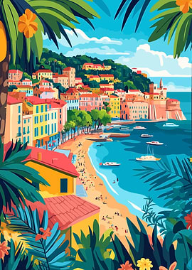 Mediterranean Coastal Town Palm Trees Abstract Minimalist Art Illustration