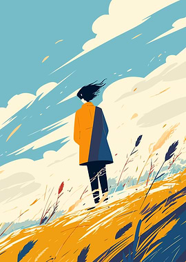Autumn Field Solitary Woman Minimalist Art Illustration