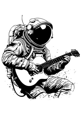 Astronaut playing guitar in black and white