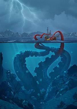 Kraken attacking ship in stormy sea