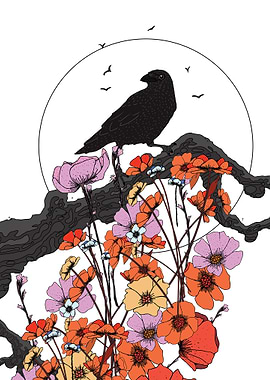 Crow Perched on Floral Branch