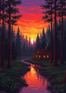 Pixel Art Cabin at Sunset