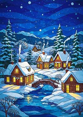 Winter Village Stained Glass Illustration